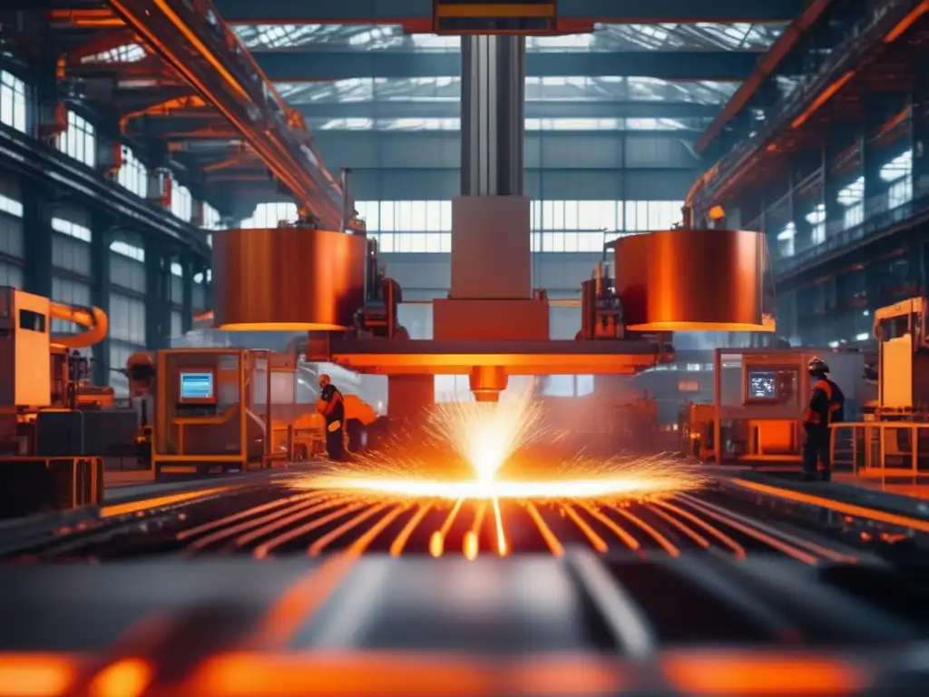 Fabricación moderna: trabajadores y maquinaria Inversiones en metales industriales: Moderna fábrica de metal con maquinaria avanzada y trabajadores en acción