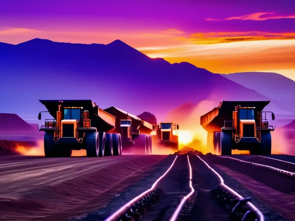 Poder y belleza de los metales industriales Inversiones en metales industriales: Paisaje impactante de una mina al atardecer, con maquinaria pesada y cranes rodeando una profunda excavación