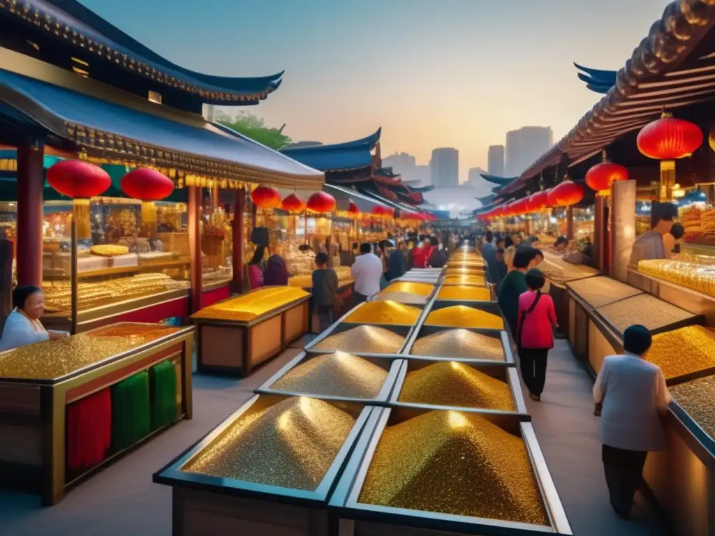 Mercado asiático vibrante: oro y plata brillantes Inversiones en metales preciosos en Asia: Escena vibrante de un mercado asiático con joyería de oro y plata en exquisitos mostradores de vidrio