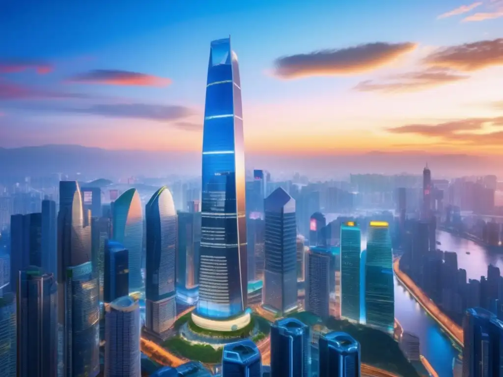 Impresionante rascacielos moderno en una ciudad asiática Inversiones en metales preciosos en Asia: Rascacielos moderno y vibrante que refleja el poder económico y el potencial de inversión en Asia
