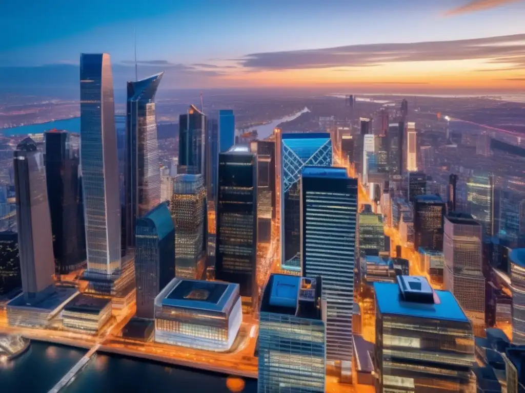 Ciudad moderna al atardecer: millennials en busca de éxito financiero Inversiones millennials: ciudad moderna al atardecer, rascacielos, negocios, jóvenes profesionales en terraza