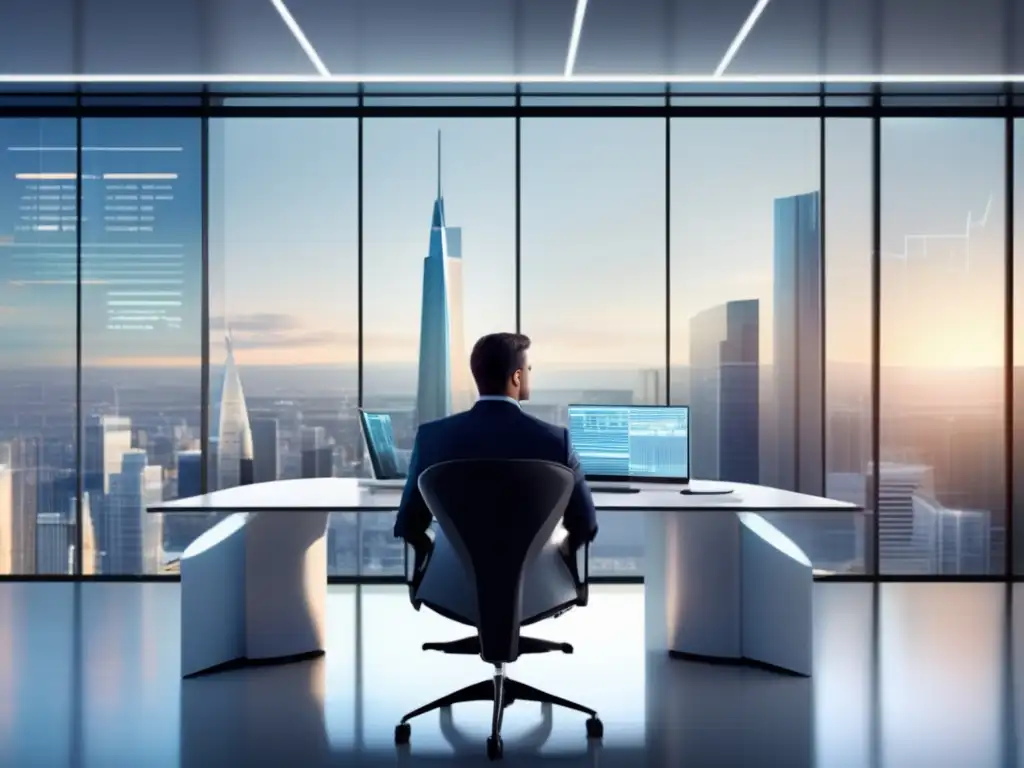 Oficina de inversión financiera moderna Inversiones en monedas fuertes: guía completa - Oficina financiera moderna, inversor profesional estudiando gráficos en pantalla holográfica