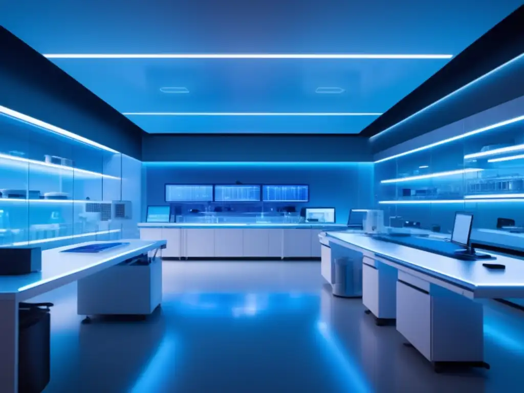 Futuro laboratorio con diseño minimalista y tecnología avanzada Inversiones en nanotecnología: laboratorio futurista con diseño minimalista, iluminación LED azul y equipo de investigación avanzado