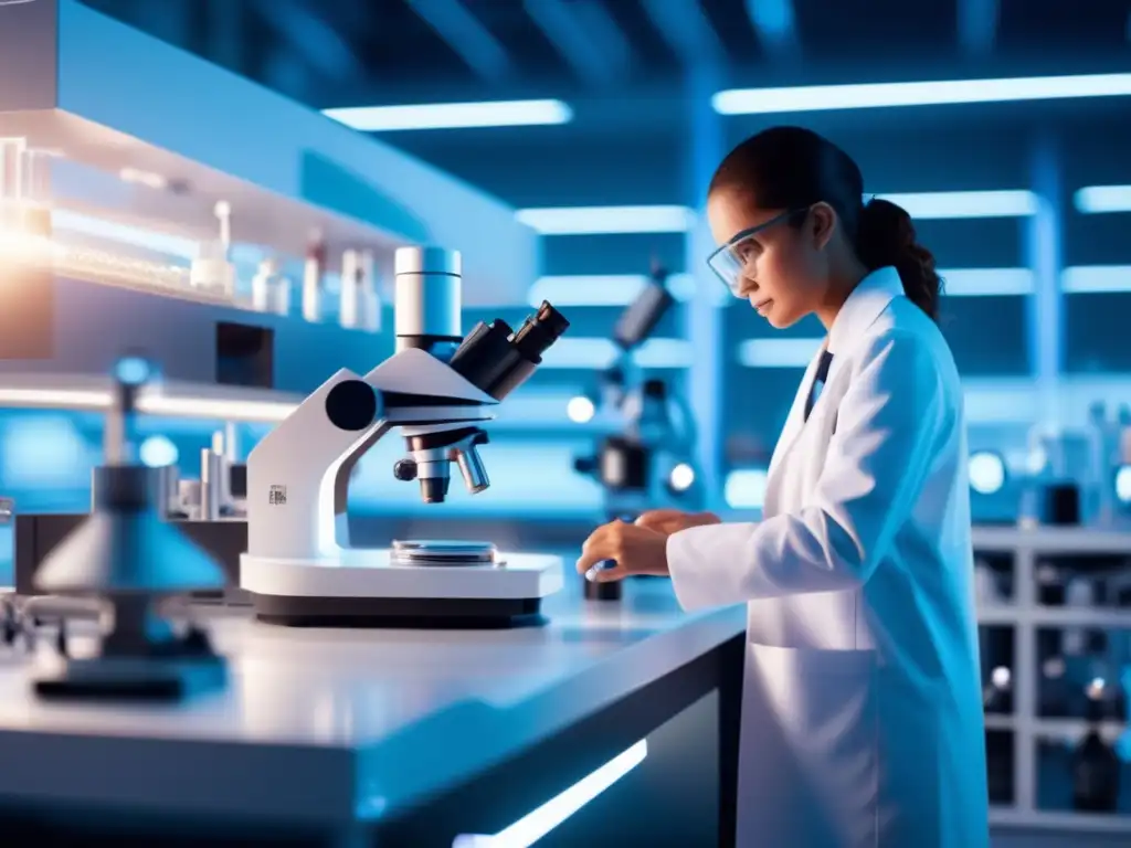 Futuro laboratorio nanotecnológico avanzado Inversiones en nanotecnología rentable: Futuro laboratorio con avanzado equipamiento y nanorrobot bajo microscopio