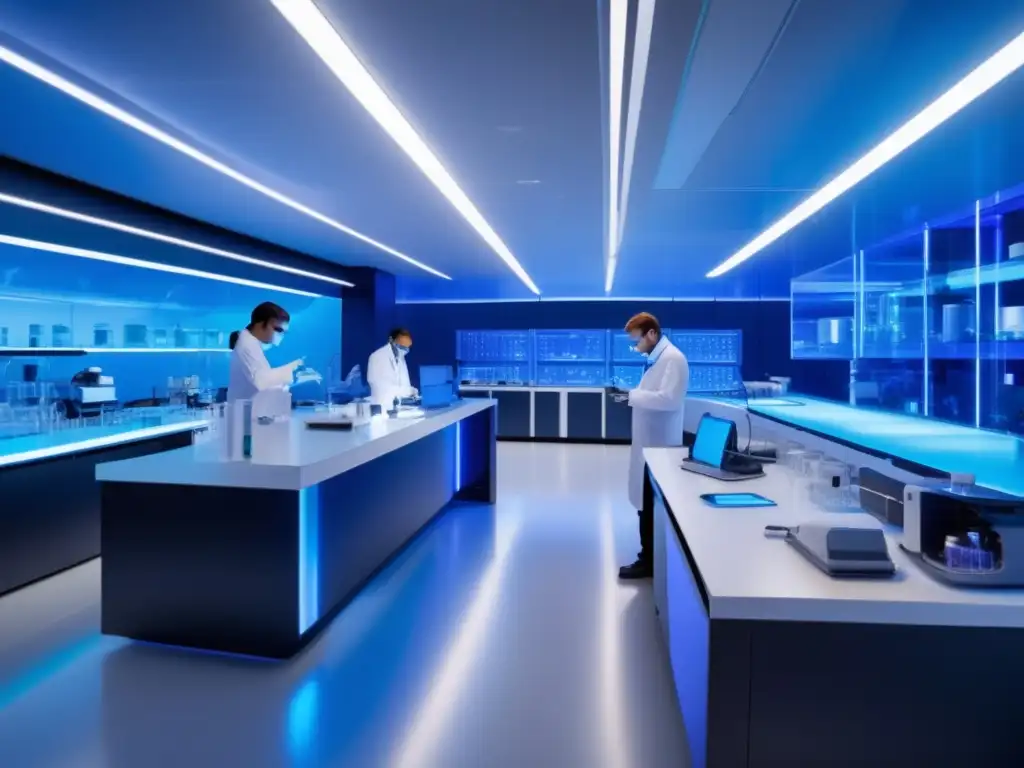 Futuro laboratorio de nanotecnología con científicos trabajando Inversiones en nanotecnología rentable: laboratorio futurista con científicos examinando nanomateriales