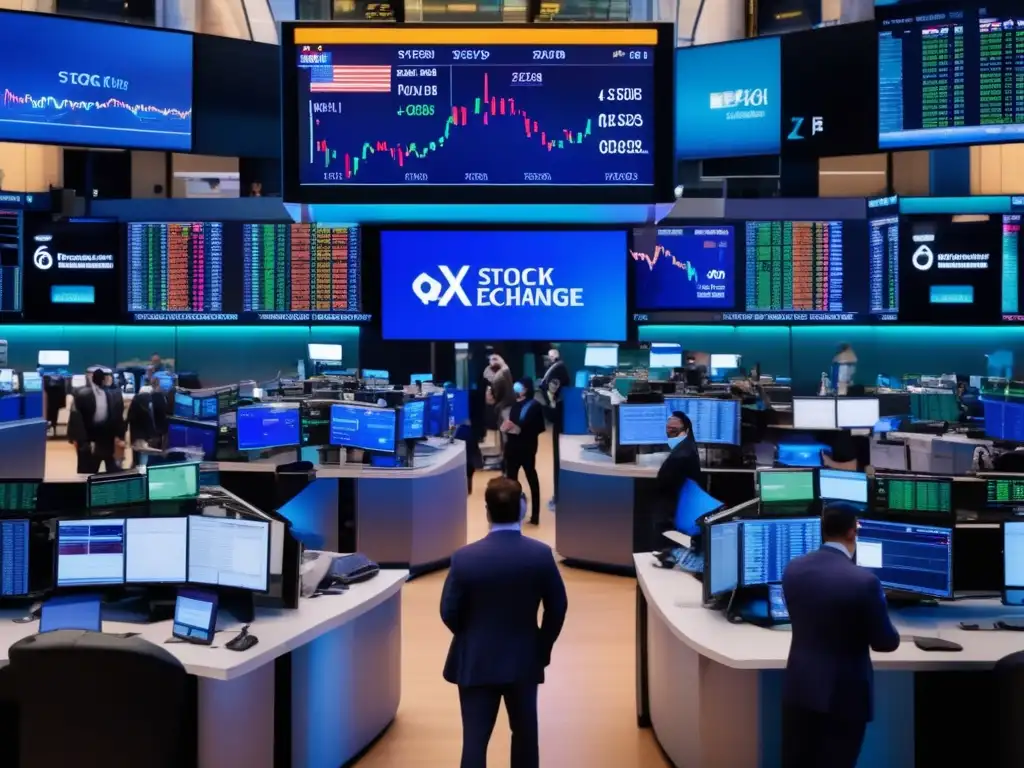 Mercado de valores en pandemia Inversiones en pandemia: Caos y volatilidad en piso de bolsa con traders con mascarillas y guantes, monitoreando precios y haciendo transacciones