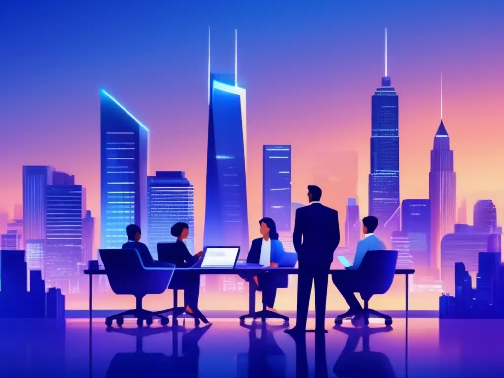 Ciudad moderna al atardecer: inversores analizando datos financieros Inversiones durante la pandemia: ciudad futurista con inversores analizando datos y símbolos de criptomonedas