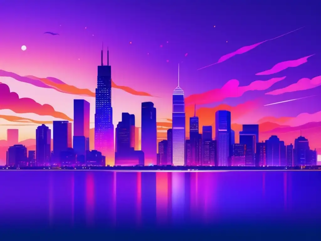 Ciudad moderna al atardecer con skyline vibrante Inversiones durante la pandemia: ciudad moderna al atardecer, rascacielos iluminados, analizando datos financieros