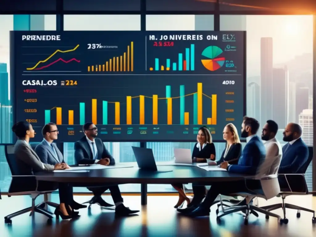 Grupo diverso de inversores exitosos discutiendo Inversiones pasivas con casos de éxito: Grupo diverso de inversores exitosos en una mesa de conferencias con gráficos financieros