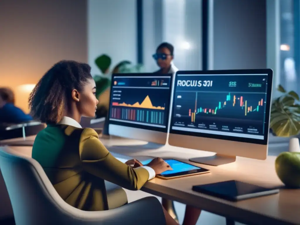Millennials invirtiendo de forma pasiva Inversiones pasivas millennials patrimonio: jóvenes analizan gráficos, gestionan carteras y discuten estrategias en oficina moderna