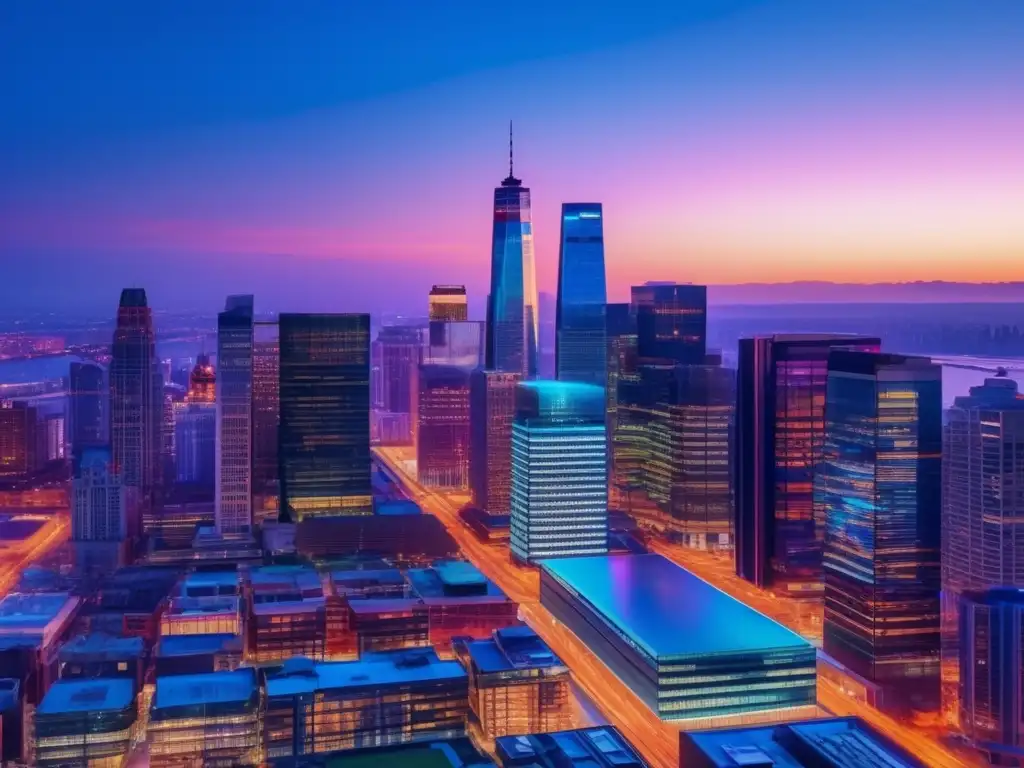 Horizonte urbano vibrante al anochecer Inversiones pasivas REITs: Ciudad vibrante con skyline impresionante al anochecer