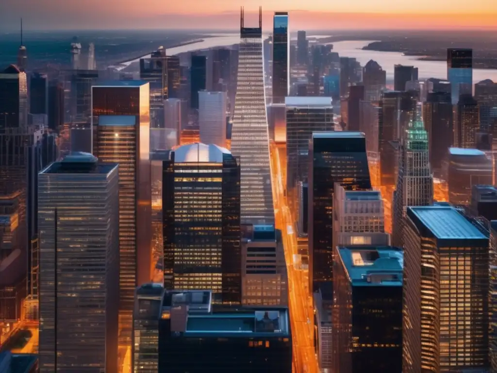 Urbanidad financiera al atardecer Inversiones postguerra mercado financiero: Imagen urbana con rascacielos modernos reflejando el progreso, la prosperidad y la actividad frenética