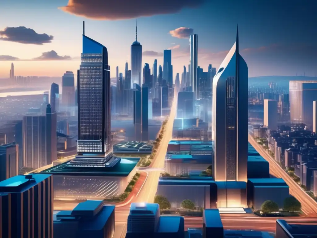Ciudad moderna y próspera postguerra Inversiones postguerra mercado financiero: Ciudad posguerra con rascacielos, coches futuristas y avances tecnológicos