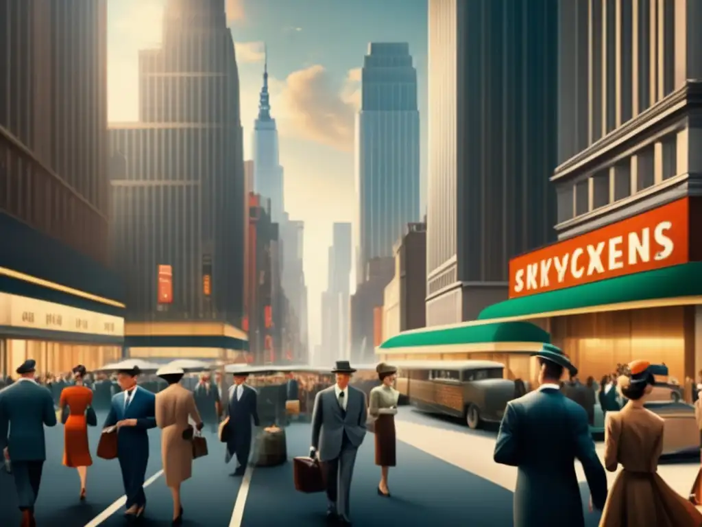 Ciudad financiera en la era postguerra Inversiones postguerra mercado financiero: Ciudad postguerra llena de personas elegantes y rascacielos, simbolizando el auge del mercado financiero