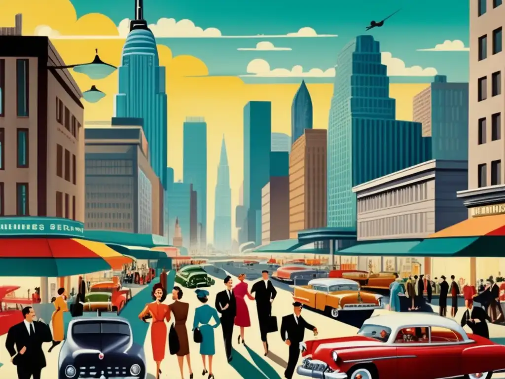 Ciudad vibrante y próspera de los años 50 Inversiones postguerra mercado financiero - Ciudad vibrante y detallada de los años 50: prosperidad, confianza y crecimiento económico