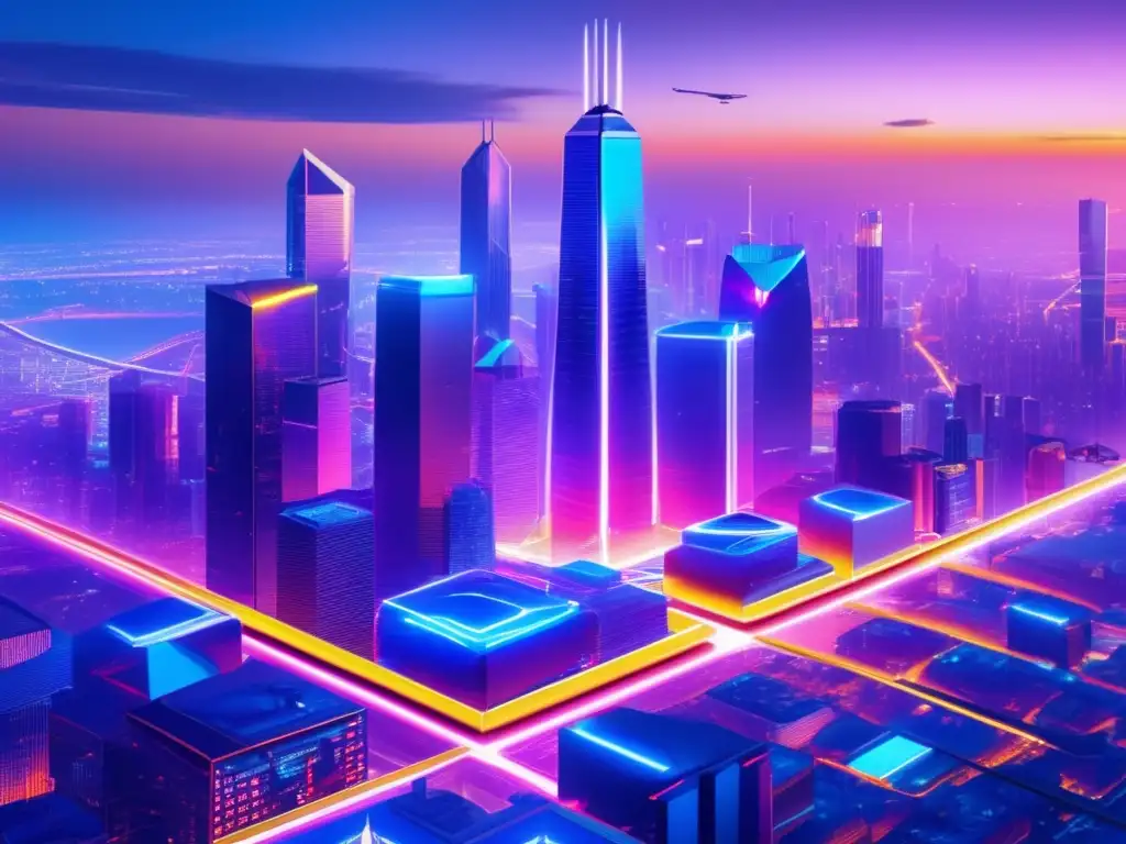 Ciudad futurista con rascacielos y luces neon Inversiones en ICO con potencial: ciudad futurista con rascacielos de vidrio y metal, luces de neón, drones y transporte avanzado