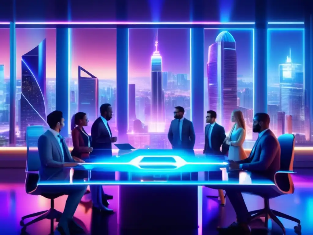 Ciudad nocturna futurista con inversores en ICOs Inversiones en ICO con potencial: ciudad futurista, profesionales discutiendo oportunidades de inversión, tecnología avanzada