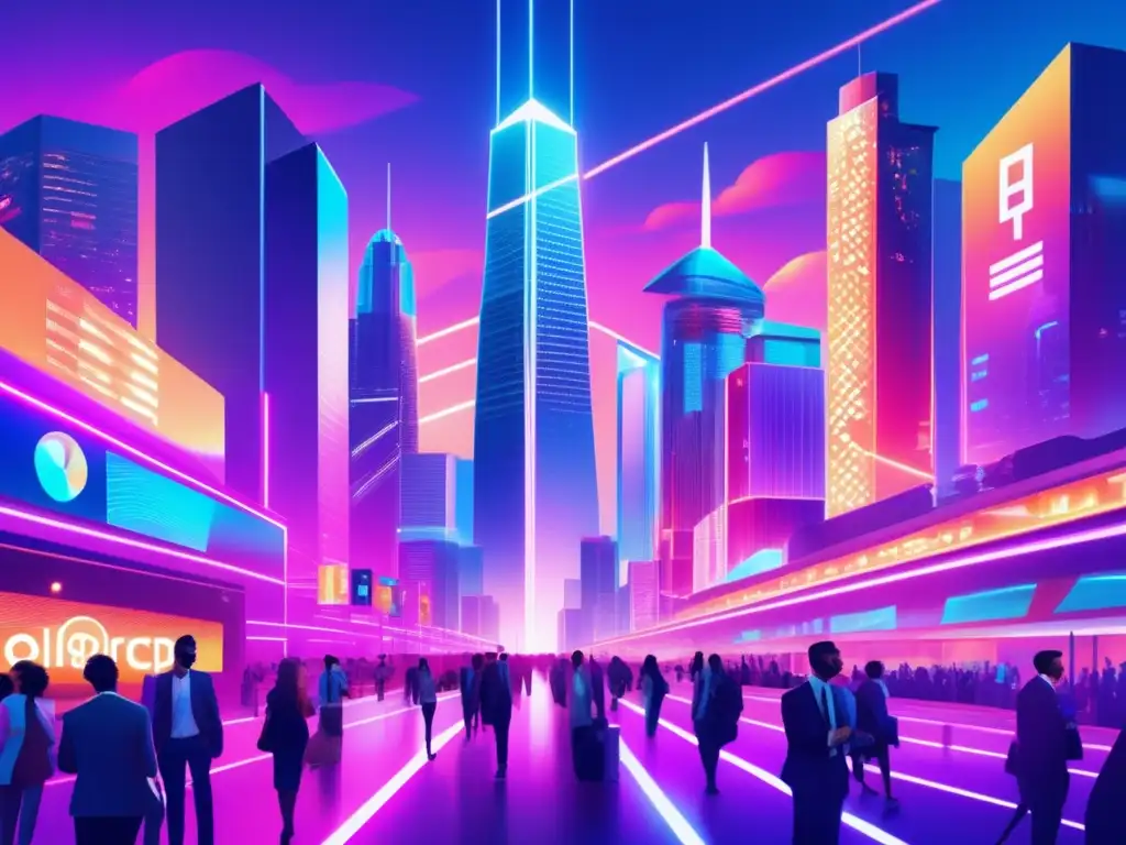 Ciudad futurista con tecnología blockchain Inversiones en ICO con potencial: ciudad futurista, rascacielos, tecnología blockchain, crecimiento exponencial