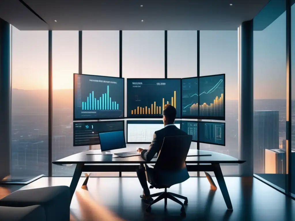 Oficina moderna para invertir Guía inversiones principiantes: Oficina futurista, joven profesional estudia gráficos inversiones en monitor transparente, empoderamiento