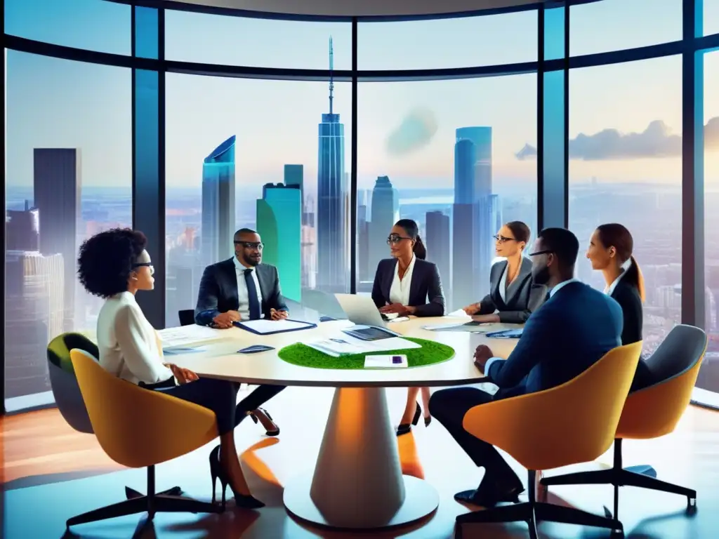 Profesionales discutiendo inversiones sostenibles Inversiones ESG: Profesionales en discusión, ambiente moderno y colaborativo