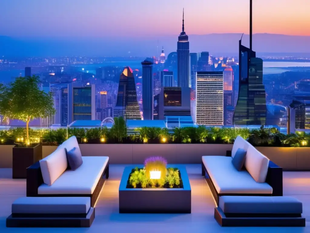 Ciudad moderna al atardecer con rascacielos iluminados Inversiones en propiedades vacacionales urbanas en una ciudad moderna al atardecer, con rascacielos iluminados y terraza con vista panorámica