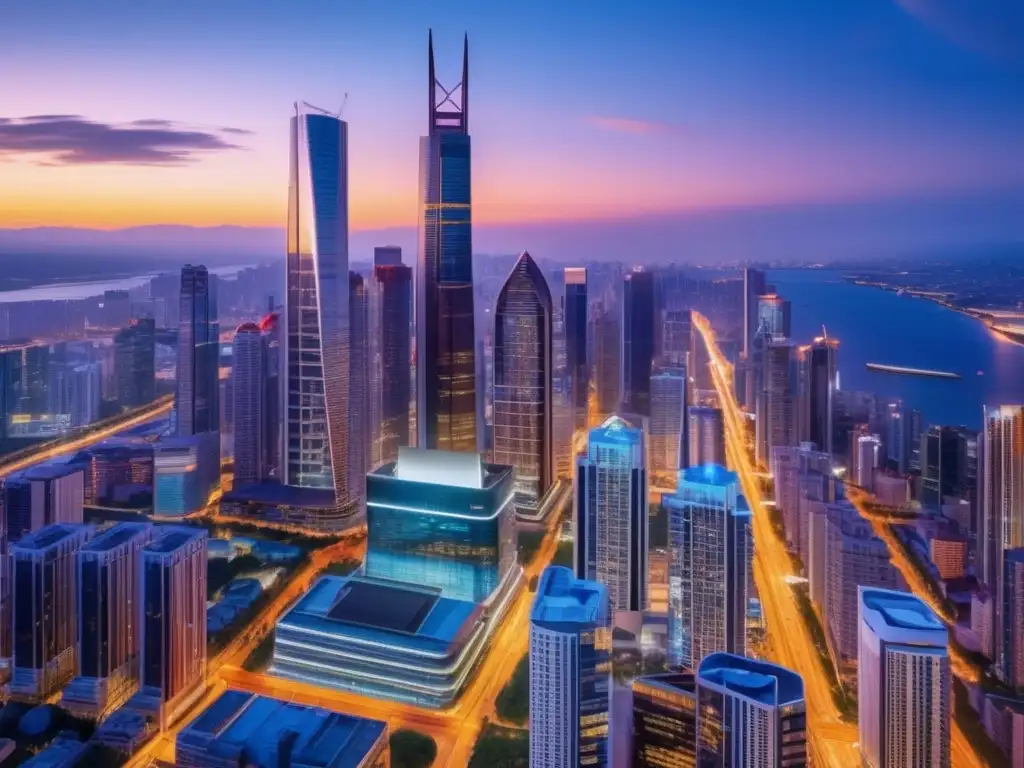 Ciudad moderna de noche: inversión en propiedades urbanas Inversiones en propiedades vacacionales urbanas: Ciudad vibrante al atardecer, con rascacielos de vidrio iluminados y calles llenas de vida