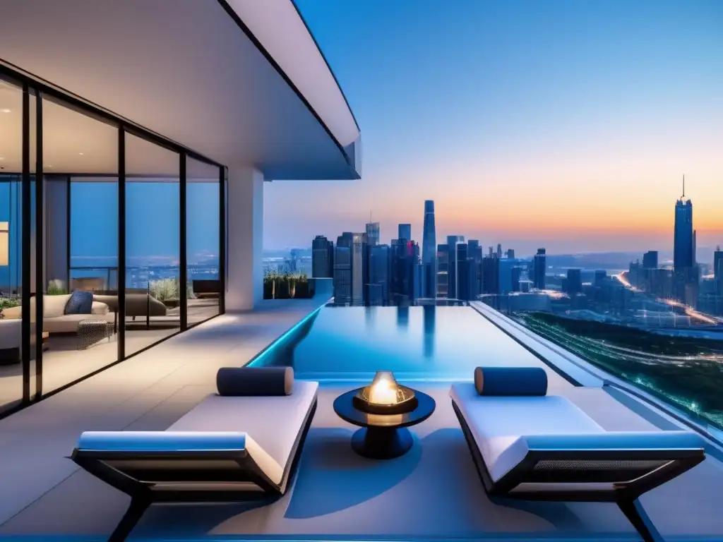 Edificio urbano de lujo con piscina infinita Inversiones en propiedades vacacionales urbanas, moderno edificio de lujo con vistas panorámicas a la ciudad y piscina en el techo