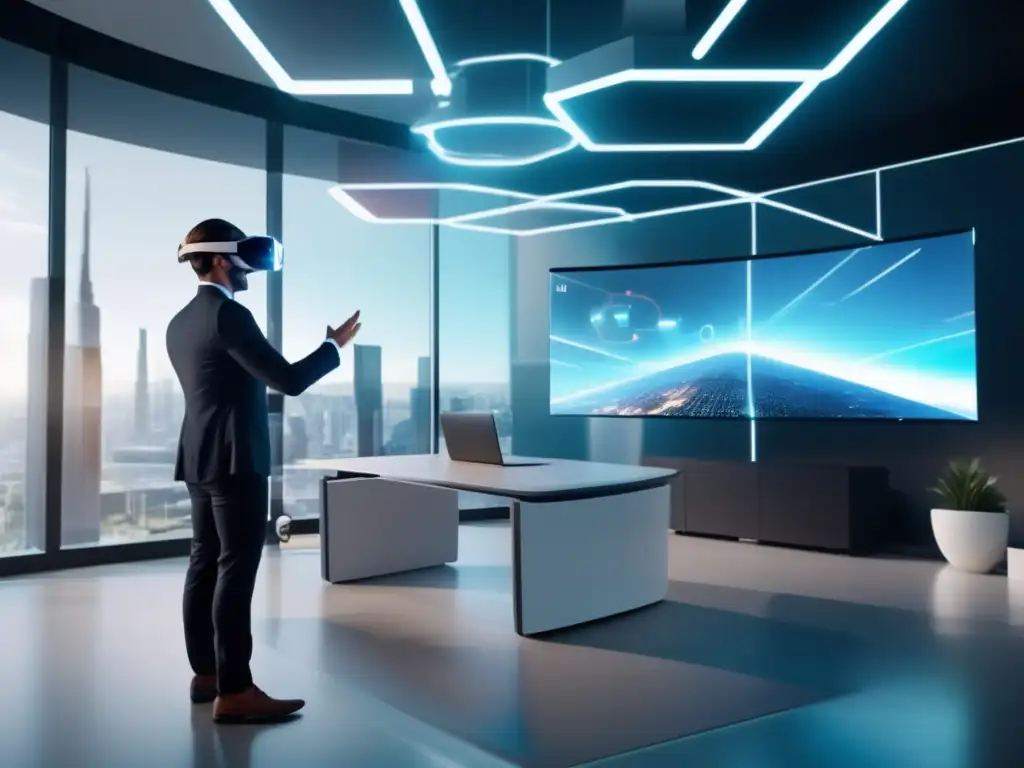 Oficina futurista con AR y VR Inversiones en realidad aumentada y virtual transforman oficina en espacio innovador de AR