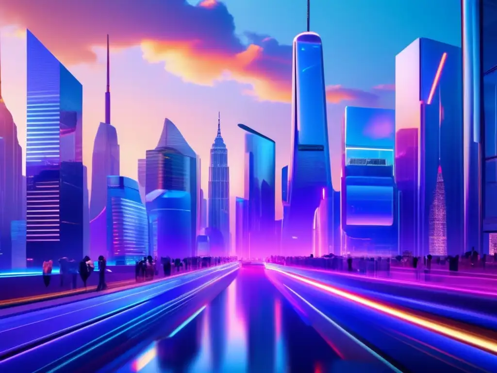 Futuroso paisaje urbano con tecnología avanzada Inversiones en realidad aumentada y virtual en una ciudad futurista al atardecer con rascacielos de vidrio y acero