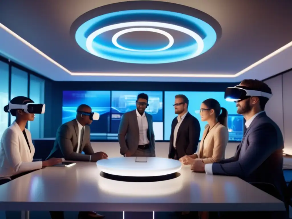 Innovación y éxito en realidad virtual Inversiones en realidad aumentada y virtual: profesionales en una oficina futurista discuten estrategias de inversión