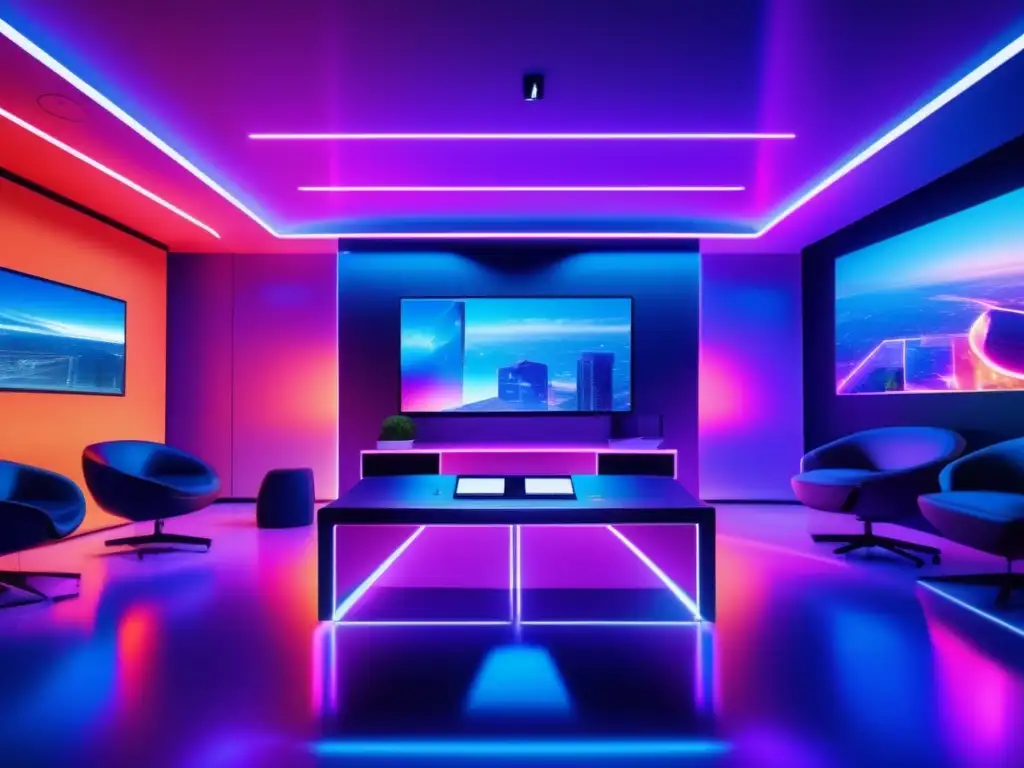 Oficina futurista con tecnología VR/AR Inversiones en realidad aumentada y virtual en una oficina futurista con dispositivos de vanguardia