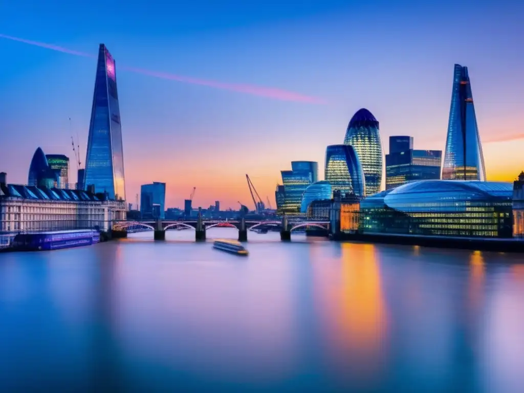 Londres, skyline financiero en la hora dorada Inversiones en Reino Unido PostBrexit: Regulaciones financieras actualizadas - Moderno skyline de Londres al atardecer, reflejo de arquitectura y luz