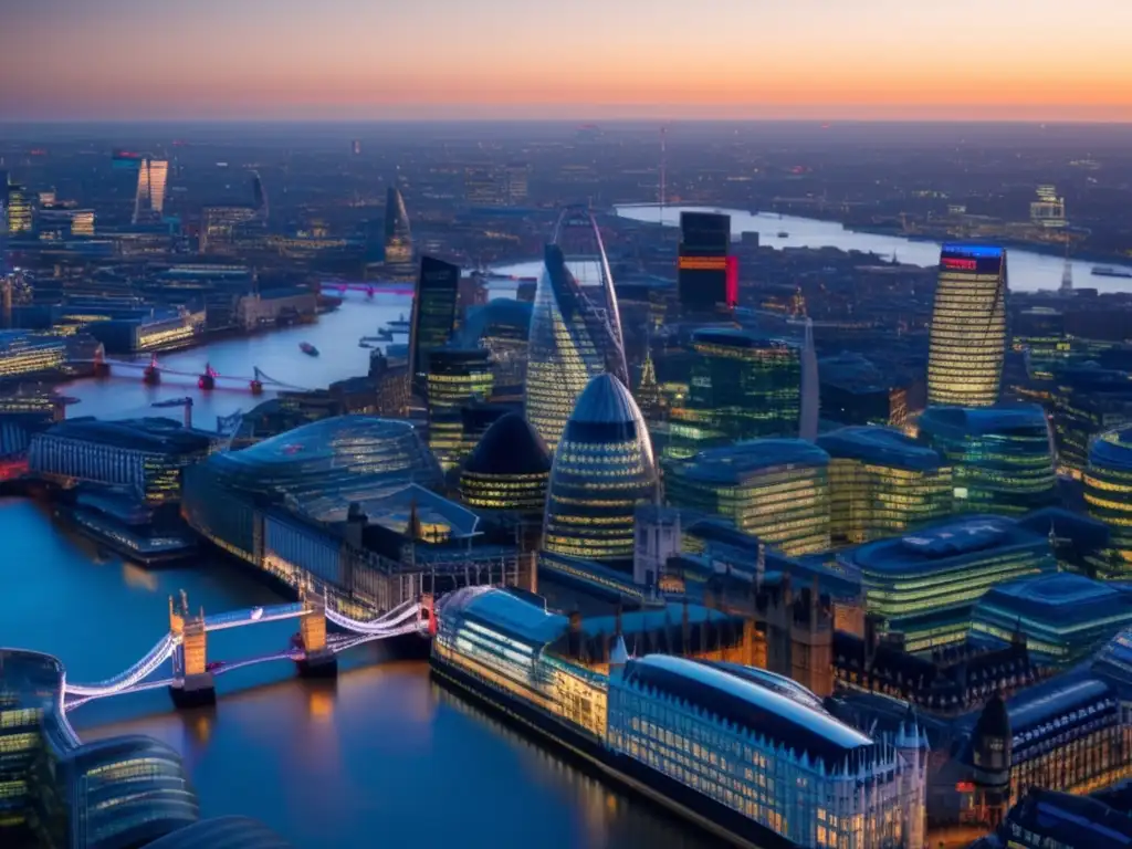 Moderna ciudad de Londres al atardecer Inversiones en Reino Unido PostBrexit: Regulaciones financieras actualizadas