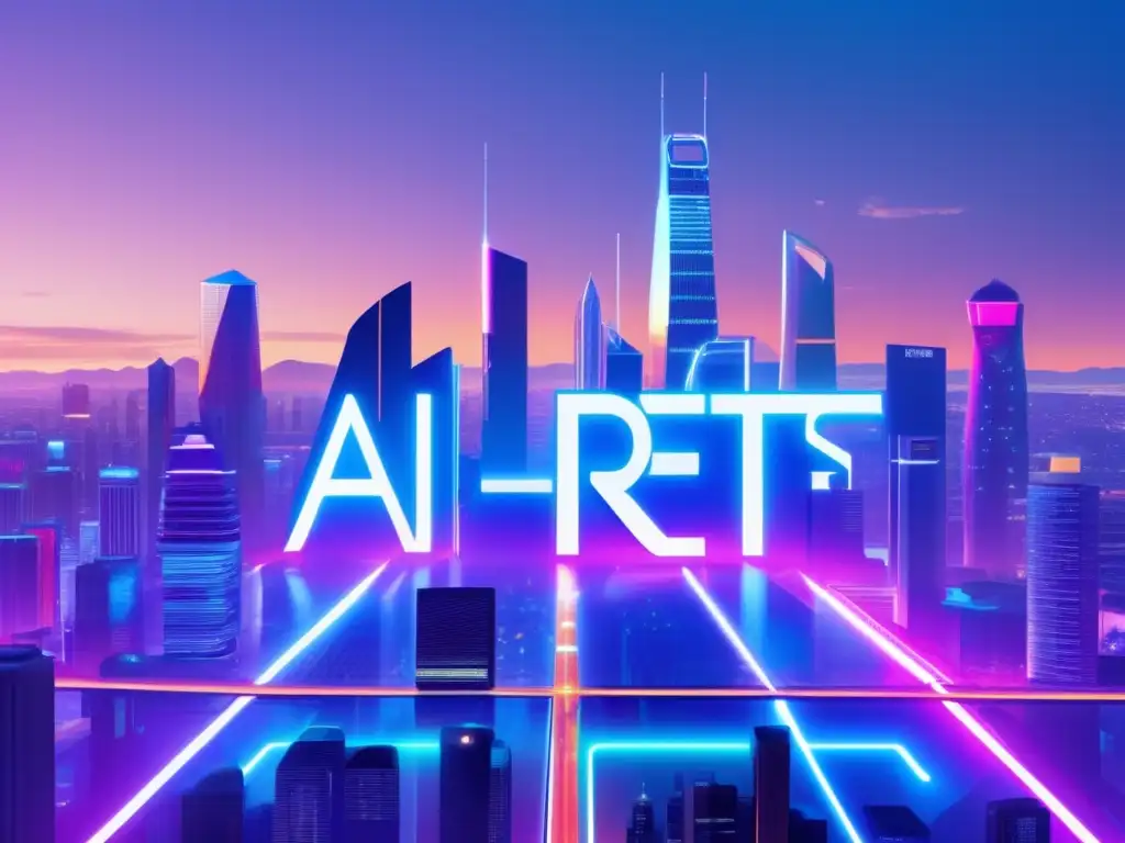 Futurista ciudad con IA y REITs Transformación inversiones REITs Inteligencia Artificial, ciudad futurista con edificios modernos, hologramas y vehículos autónomos