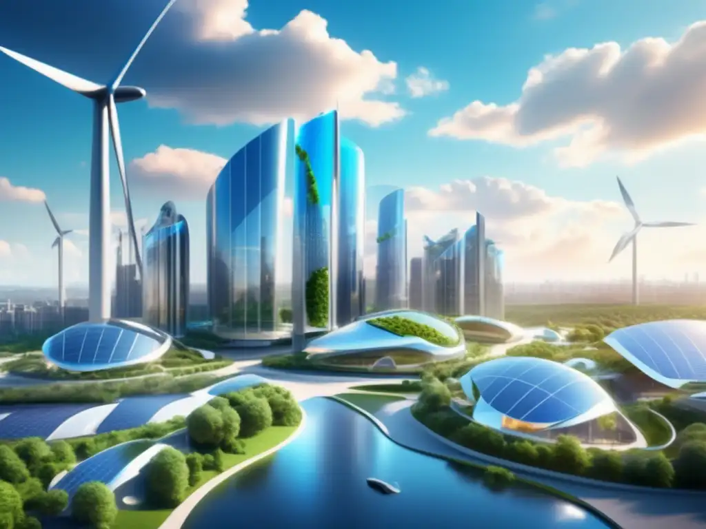 Futuro sostenible: ciudad con energía renovable Inversiones renovables rentables en una ciudad futurista con edificios sostenibles, paneles solares y energía limpia