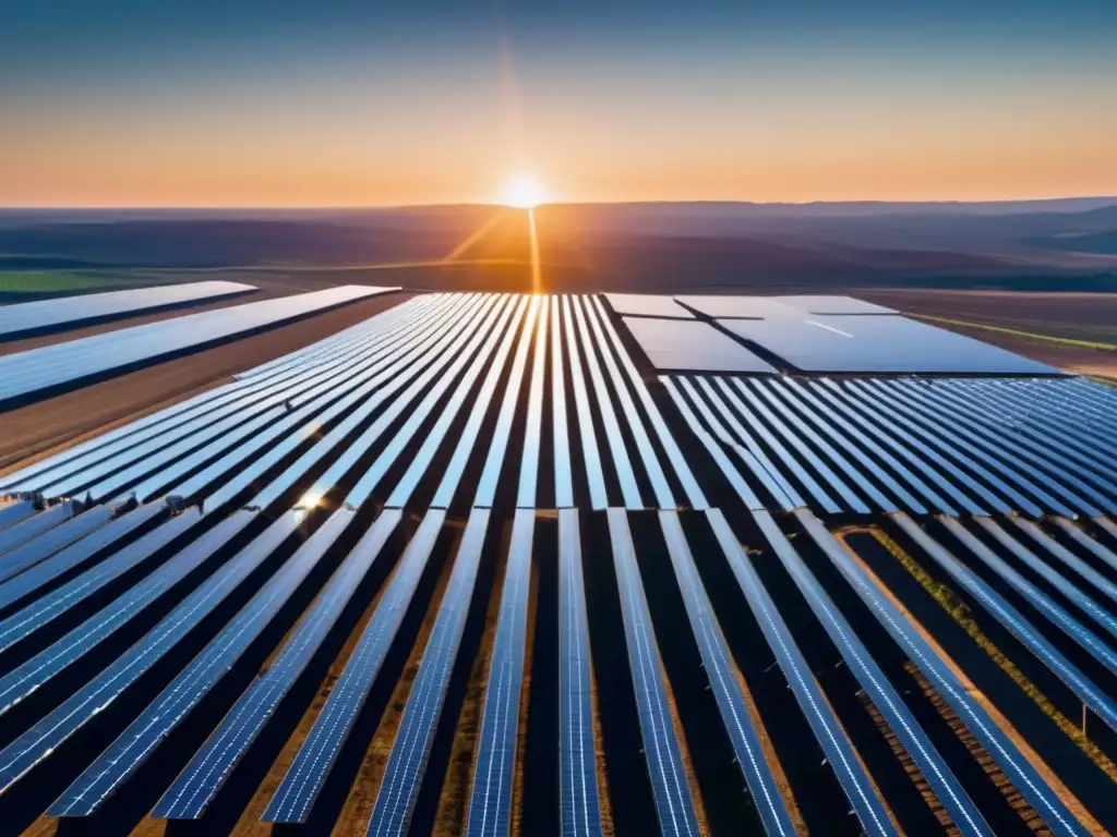 Energía solar: futuro brillante y sostenible Inversiones renovables rentables: Energía solar futurista con paneles geométricos eficientes y cielo azul brillante