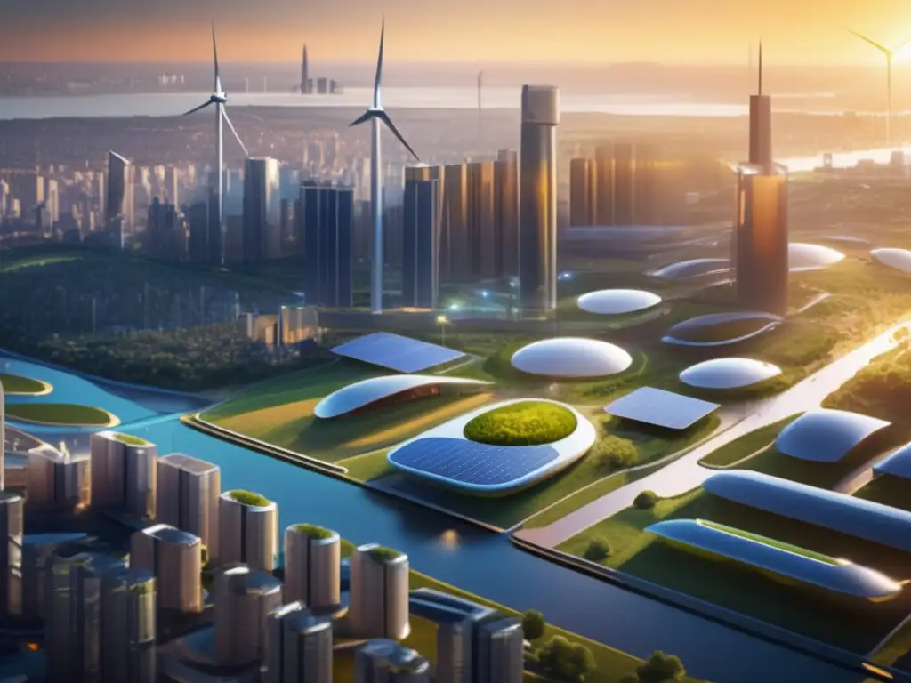 Futuro urbano sostenible con energía renovable Inversiones renovables rentables en una futurista ciudad con energía limpia y tecnología sostenible integrada en el paisaje urbano