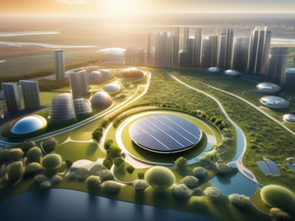Futuro ciudad sostenible con energías renovables Inversiones renovables rentables: Futurista ciudad sostenible con energía solar, parque con paneles solares y planta hidroeléctrica
