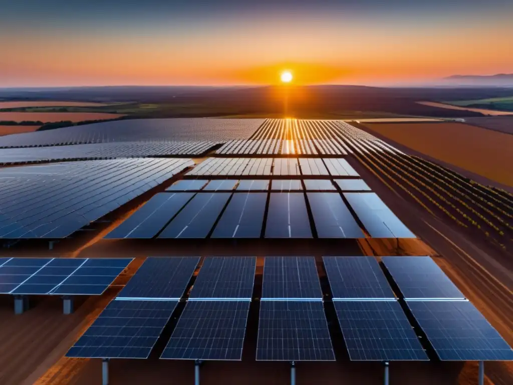 Granja solar: Energía renovable infinita Inversiones renovables rentables: impresionante imagen 8k de una granja solar con paisaje pintoresco-