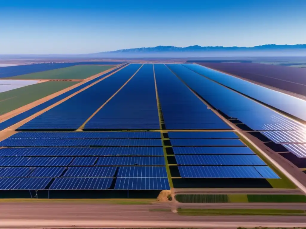 Energía solar en planta de gran escala Inversiones renovables rentables: Planta solar moderna y eficiente con paneles brillantes y trabajadores destacando la inmensidad del proyecto