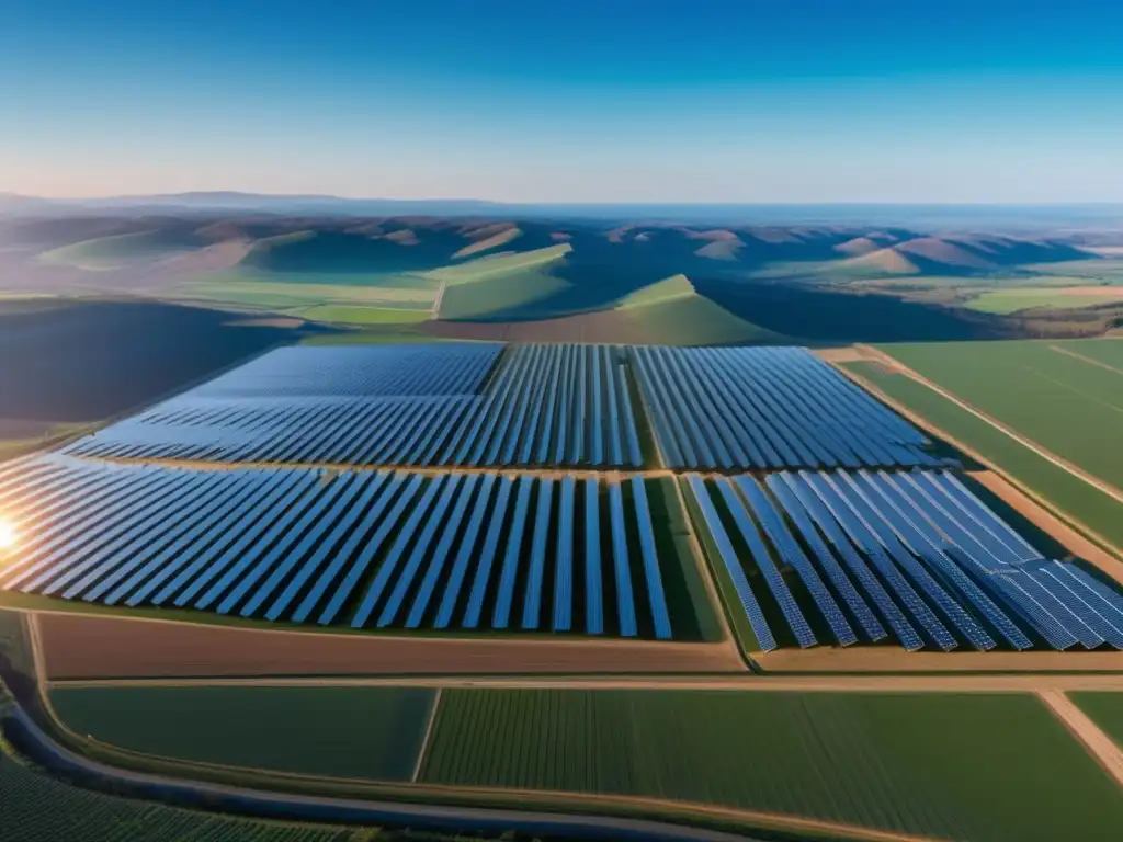 Panorámica solar: belleza y eficiencia Inversiones renovables rentables: Vista panorámica solar con paneles brillantes y paisaje impresionante