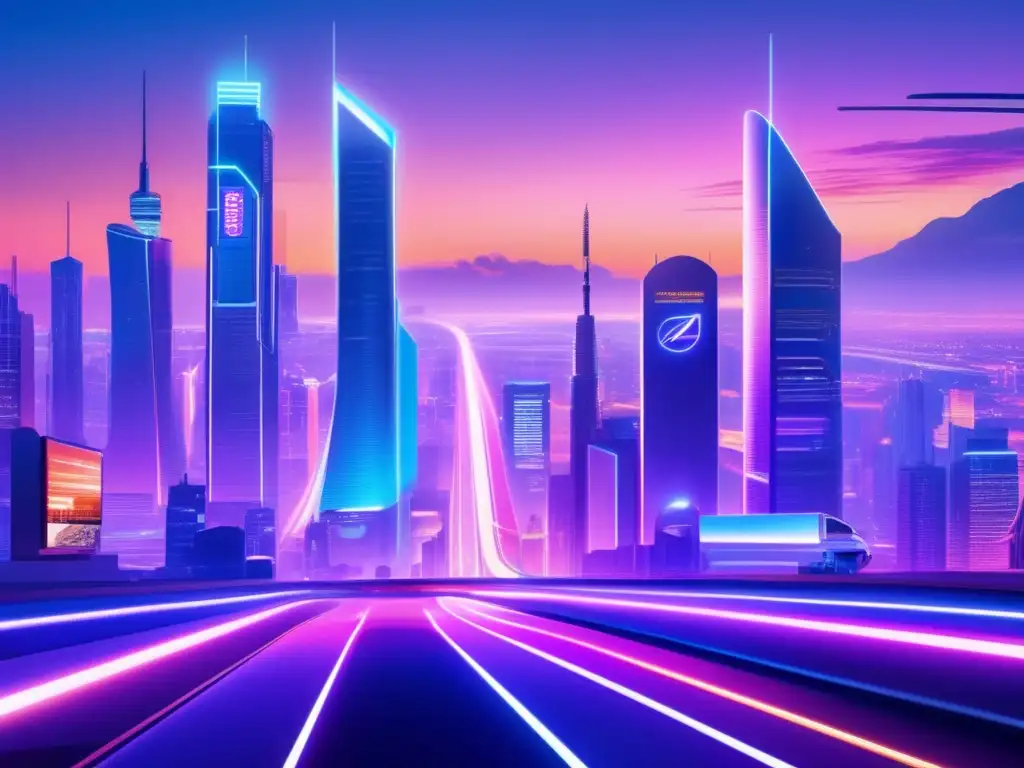 Futurista paisaje urbano con rascacielos y tecnología Inversiones rentables en acciones tecnológicas, ciudad futurista con rascacielos iluminados y tecnología avanzada