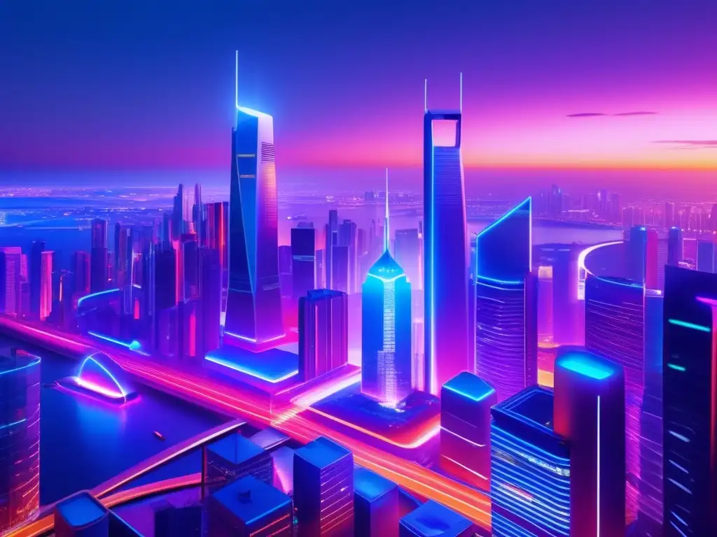 Futurista ciudad tecnológica al atardecer Inversiones rentables en acciones tecnológicas: ciudad futurista con rascacielos iluminados por luces neón