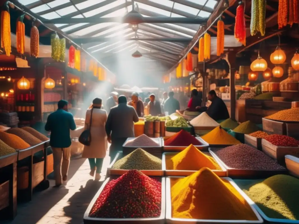 Mercado de especias vibrante y colorido Inversiones rentables en pimienta y especias, escena vibrante de un mercado de especias con colores y aromas exóticos