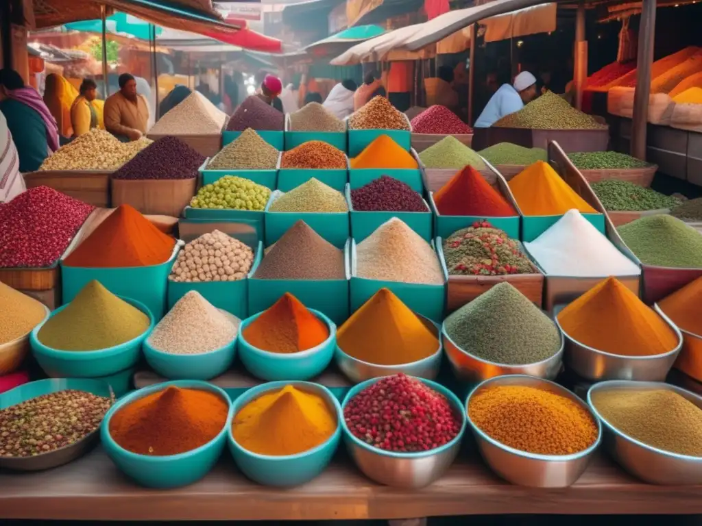 Mercado de especias vibrante y aromático Inversiones rentables en pimienta y especias en un mercado vibrante y colorido de especias, con estantes ordenados y clientes explorando opciones
