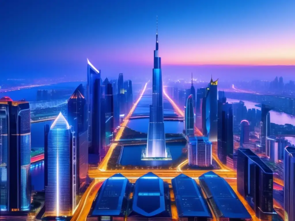 Ciudad futurista de noche con rascacielos iluminados Inversiones rentables para jóvenes en una ciudad futurista al atardecer