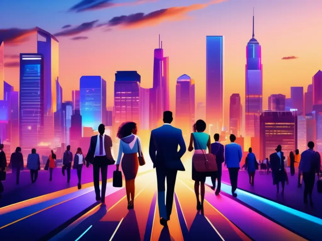 Jóvenes profesionales en vibrante ciudad al atardecer Inversiones rentables para jóvenes en vibrante ciudad al atardecer con rascacielos modernos y profesionales confiados caminando con maletines