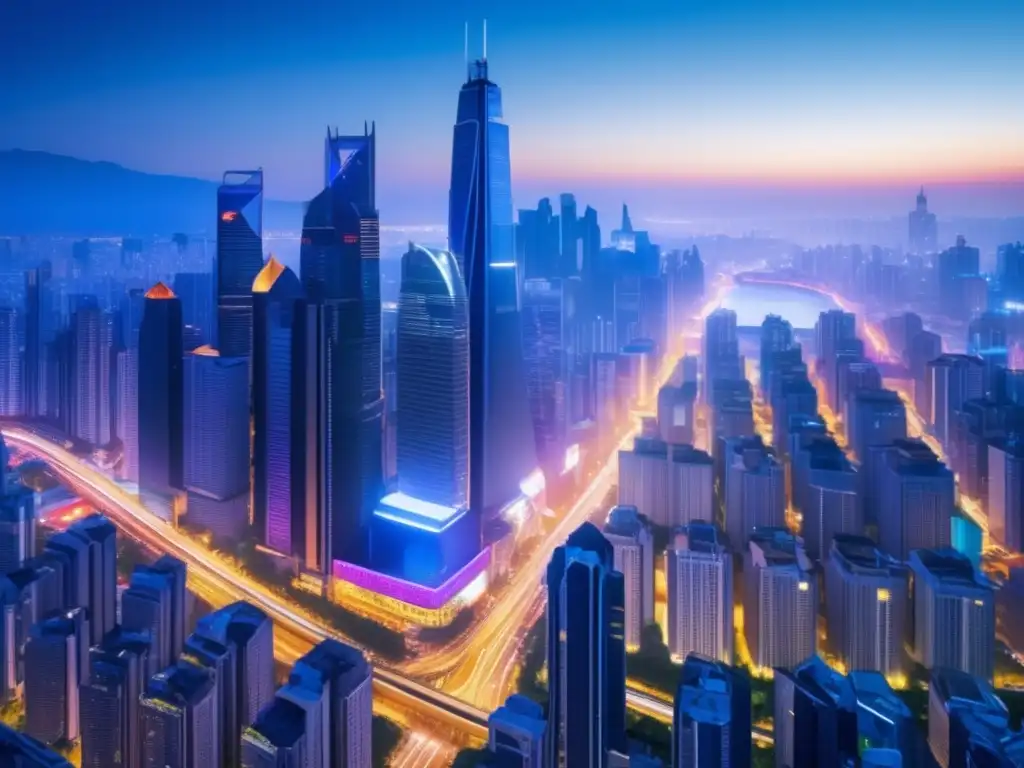 Ciudad moderna con rascacielos vibrantes Inversiones rentables en mercados emergentes: ciudad vibrante con rascacielos iluminados y profesionales discutiendo