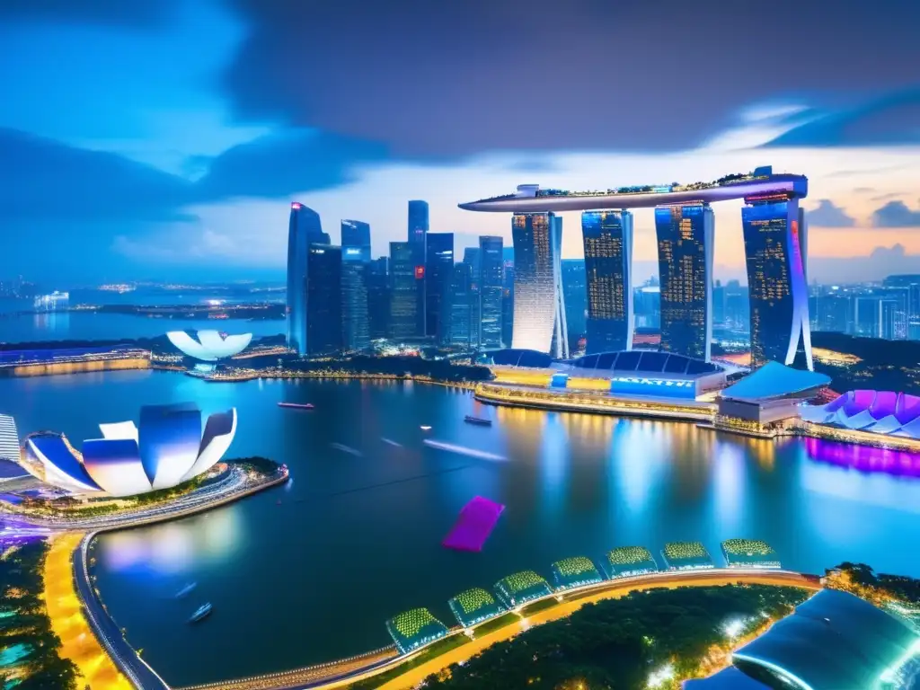 Ciudad futurista de Singapur con skyline y Marina Bay Inversiones rentables Sudeste Asiático: Skyline futurista de Singapur muestra oportunidades vibrantes