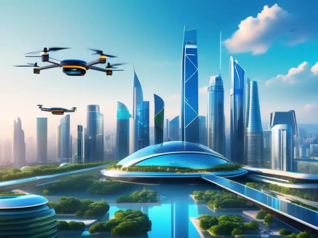 Ciudad futurista y sostenible Inversiones responsables ESG: educación financiera en una ciudad futurista y sostenible con rascacielos de vidrio y acero rodeados de vegetación